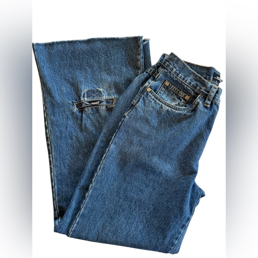 Vintage Button Fly Wide Leg Squeeze Blue Jeans Flare Women's 90's Denim Size 5 6 - Picture 5 of 11